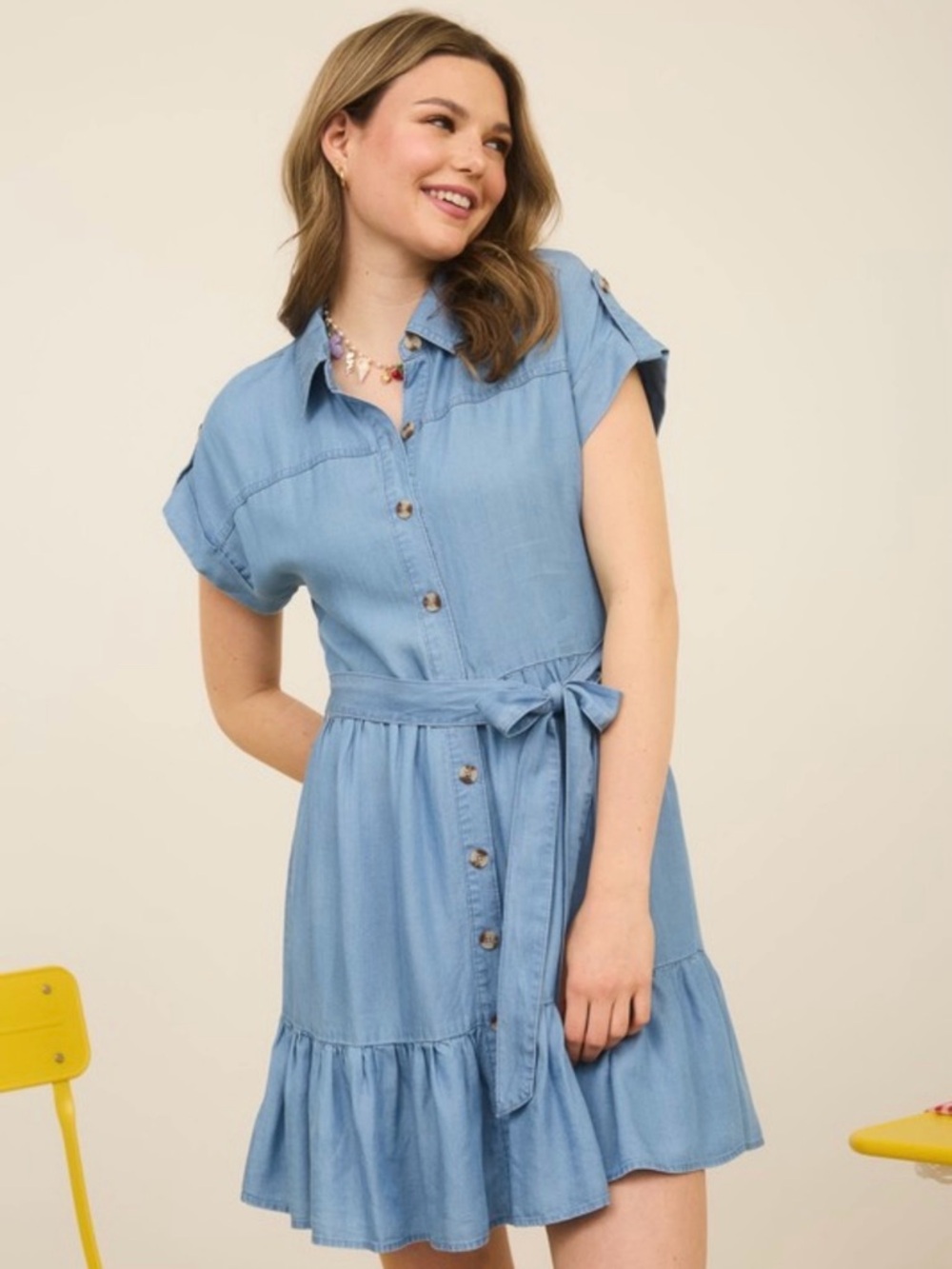 Chambray Light Blue Button-Front Shirt Dress with Tie Waist